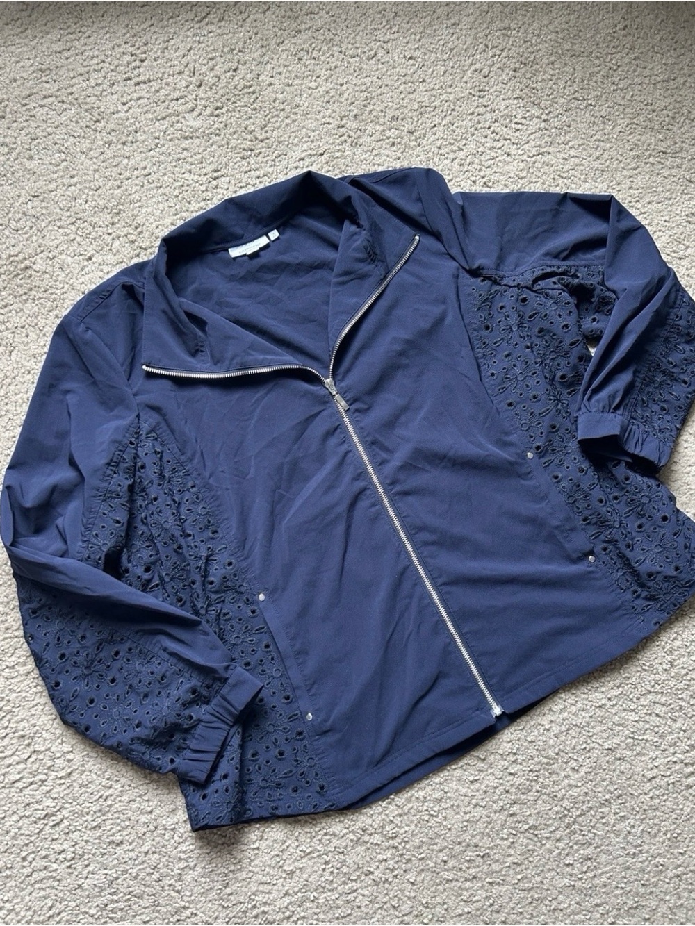 Chico's Navy Blue Eyelet Floral Full Zip Jacket